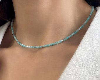 Green Amazonite Minimalist Choker Necklace, Seed Bead gemstone Jewelry, 925 Silver