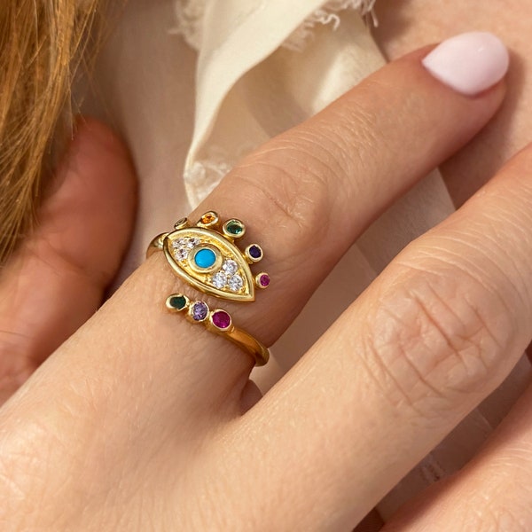 Gold Evil Eye Ring, Positivity Ring, Chunky Gold Ring, Good Luck Ring, Good Vibes Ring, Adjustable gold ring, Greek Evil Eye Ring