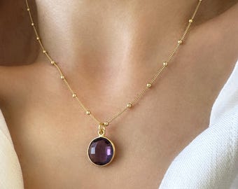 Amethyst Crystal Necklace, February birthstone Minimalist Jewelry, Gemstone Pendant, 925 Silver Satellite chain