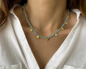 Amazonite Beaded necklace with small gold coins, Minimalist Gemstone Choker, Multi Charm Jewelry