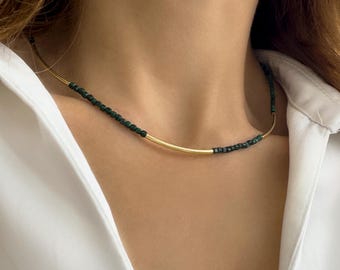 Malachite Choker necklace with natural gemstone and gold bars, Seed bead Gemstone Minimalist Jewelry, Silver 925