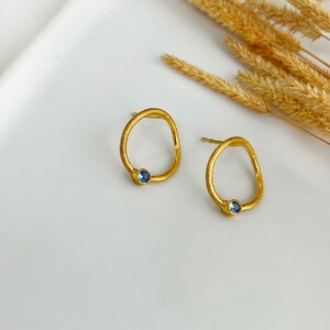Sapphire gold studs, Simple hoop earrings, Chunky gold hoops, Minimalist earrings,Blue sapphire studs,September Birthstone Sapphire earrings image 4