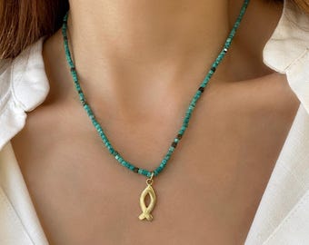 Turquoise Seed bead necklace with gold fish, Gemstone minimalist choker, Summer Beach Jewelry