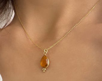 Citrine November Birthstone Necklace, Scorpio Zodiac Jewelry gifts, Gemstone Drop Pendant, 925 Silver chain