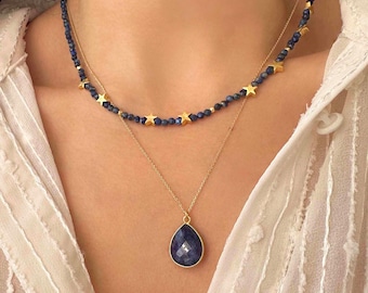 Raw blue sapphire necklace, Lapis lazuli choker, Seed bead choker, Tiny stars necklace, Layered necklaces, stackable necklace, real sapphire