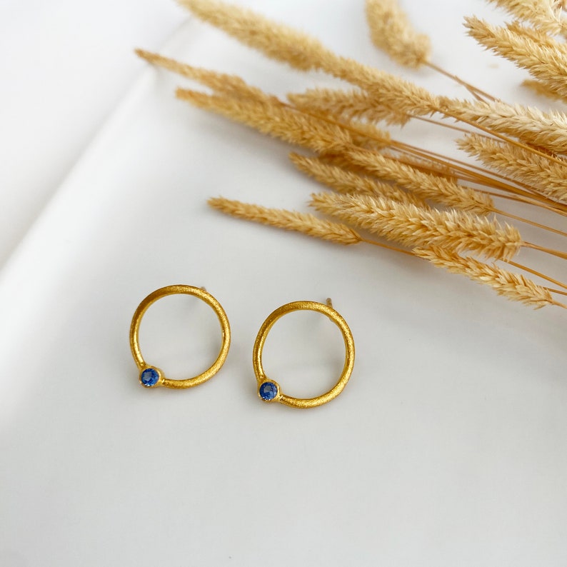Sapphire gold studs, Simple hoop earrings, Chunky gold hoops, Minimalist earrings,Blue sapphire studs,September Birthstone Sapphire earrings image 2