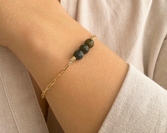 Bloodstone zodiac Bracelet, March Birthstone jewelry, 925 Silver Paperclip Chain, Green Gemstone