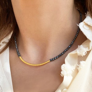 Real Hematite Seed Bead Choker, Gold bar necklace, Good energy gemstone jewelry, Good Luck Necklace