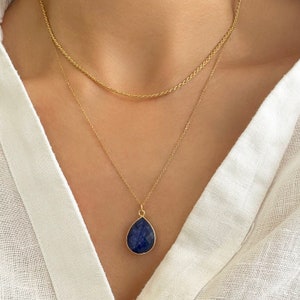Raw Blue Sapphire Necklace, Stacking necklace, layered necklace, Rope chain necklace, Real blue sapphire jewelry, Raw Gemstone Necklace