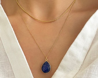 Raw Blue Sapphire Necklace, Stacking necklace, layered necklace, Rope chain necklace, Good Vibes Necklace, September Birthstone Necklace