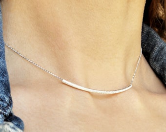 Dainty Bar Necklace, Curved Bar Necklace, Silver Tube Necklace