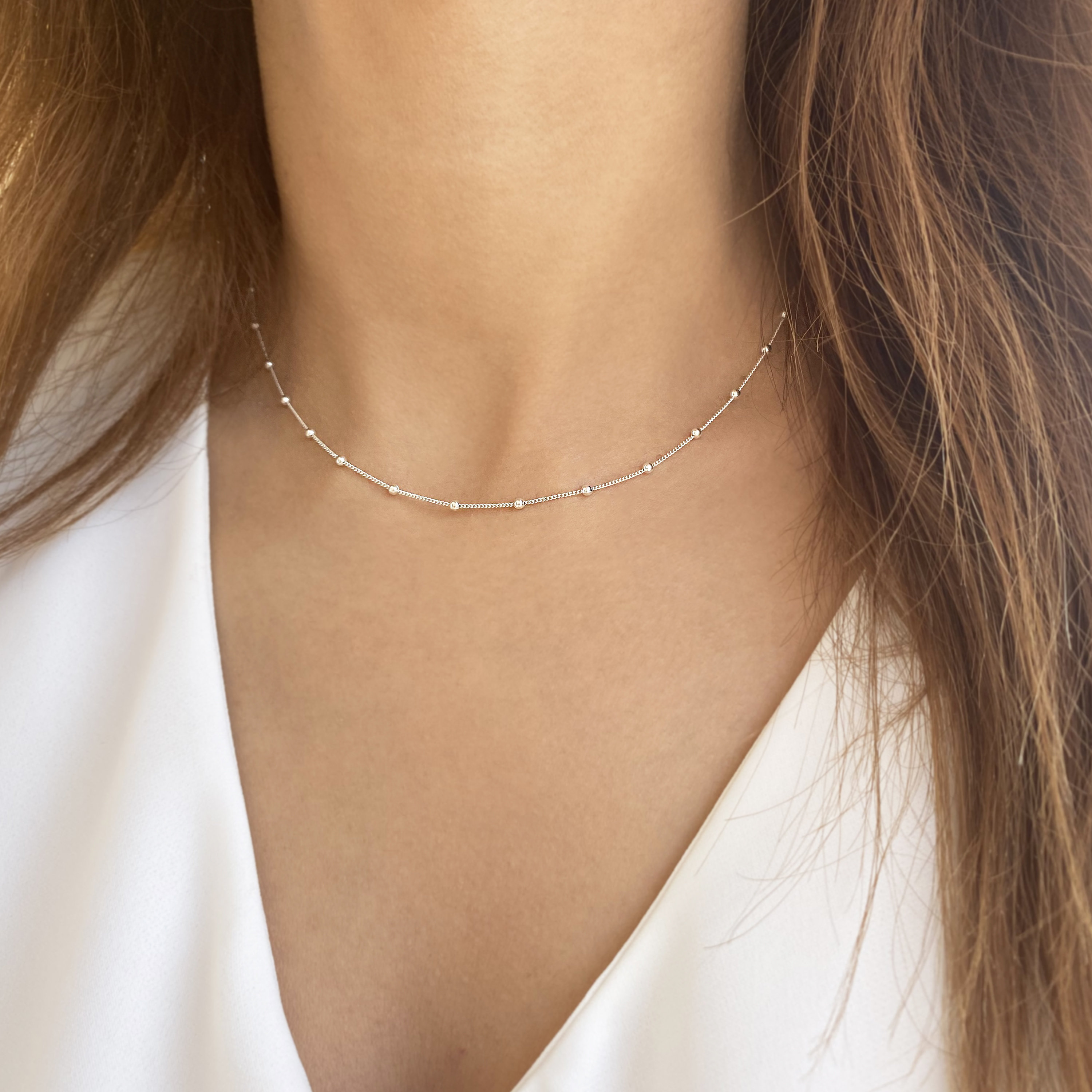 Dainty Silver 925 Satellite Chain Choker, Minimalist Layered
