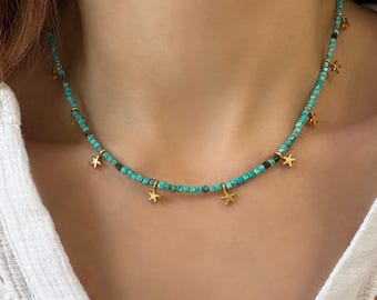 Turquoise Seed bead necklace with tiny gold starfishes, Gemstone minimalist choker, Summer Beach Jewelry