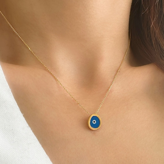 Greek Blue Evil Eye Choker, Lucky Charm Necklace for Good Luck, Minimalist Pendant Silver jewelry