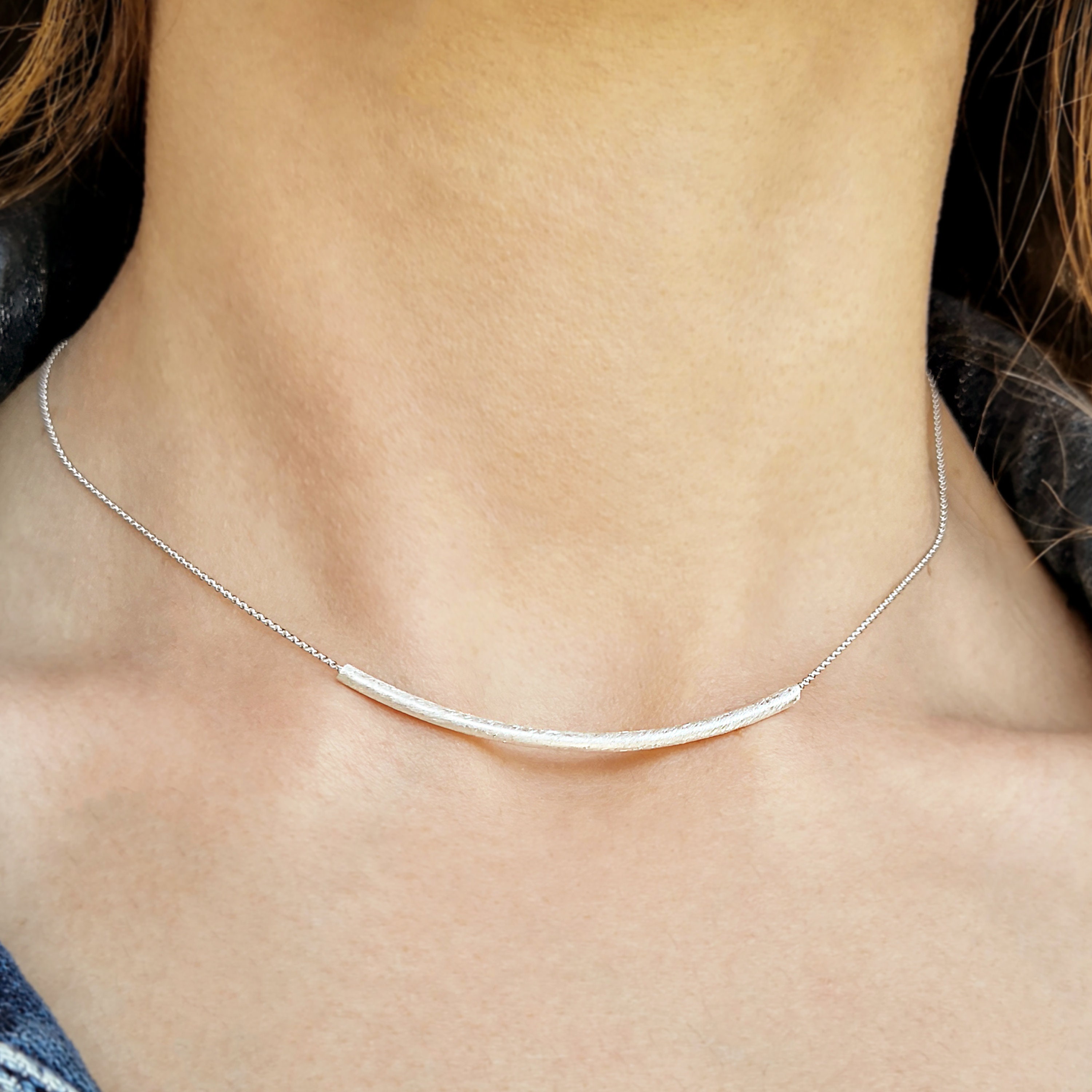 Dainty Bar Necklace Curved Bar Necklace Silver Tube Necklace Dainty Silver Choker curved Tube Necklace minimalist Necklace smile Necklace Etsy