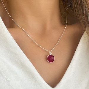 Ruby Necklace, July Birthstone Pendant, Crystal Jewelry for Zodiac Gifts, Silver 925 Satellite chain