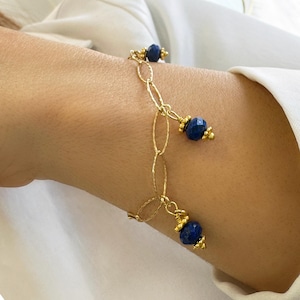 Paperclip chain Bracelet, Lapis lazuli Gemstone Jewelry, Minimalist Trendy Bracelet, Paperclip gold  Chain bracelet