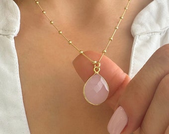 Real Rose quartz necklace, Raw rose quartz pendant, Real rose quartz crystal necklace, gemstone necklace, Mothers day gift, Satellite Chain