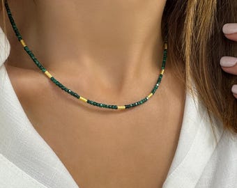 Malachite Choker necklace with natural gemstone and gold bars, Seed bead Gemstone Minimalist Jewelry, Silver 925