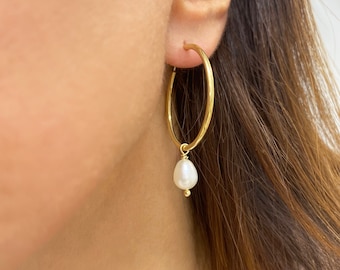 Real pearl earrings, Chunky Gold Hoops, Simple hoop earrings, birthday gifts, June birthstone earrings, Genuine pearl hoops,Real Pearl Hoops