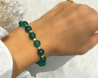 Green Agate Gemstone bracelet, Adjustable, Minimalist Crystal beaded Jewelry, Silver 925