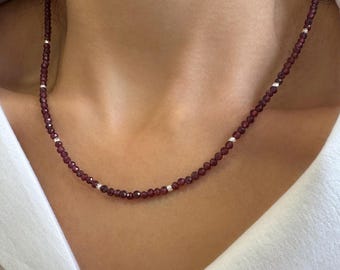 January Birthstone Garnet Necklace, Seed bead Gemstone Choker, Minimalist crystal zodiac Jewelry Silver 925