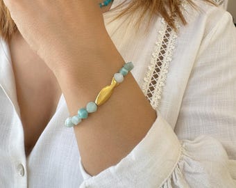 Green Amazonite Gemstone Bracelet with shiny Gold fish, Silver 925 Summer jewelry