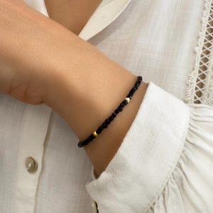 Black Tourmaline Gemstone Bracelet, Minimalist protection Jewelry, Friendship bracelet, Dainty Gold Seed Bead Crystal Bracelet