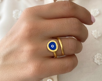 Gold Evil Eye Ring, Chunky Gold Ring, Chevalier ring, Good Luck Ring, Positivity Ring, mothers day gift, Minimalist Ring,Greek Evil Eye Ring