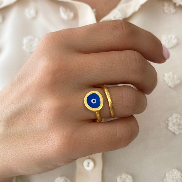 Gold Evil Eye Ring, Chunky Gold Ring, Chevalier ring, Good Luck Ring, Positivity Ring, mothers day gift, Minimalist Ring,Greek Evil Eye Ring