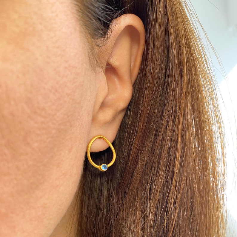 Sapphire gold studs, Simple hoop earrings, Chunky gold hoops, Minimalist earrings,Blue sapphire studs,September Birthstone Sapphire earrings image 7