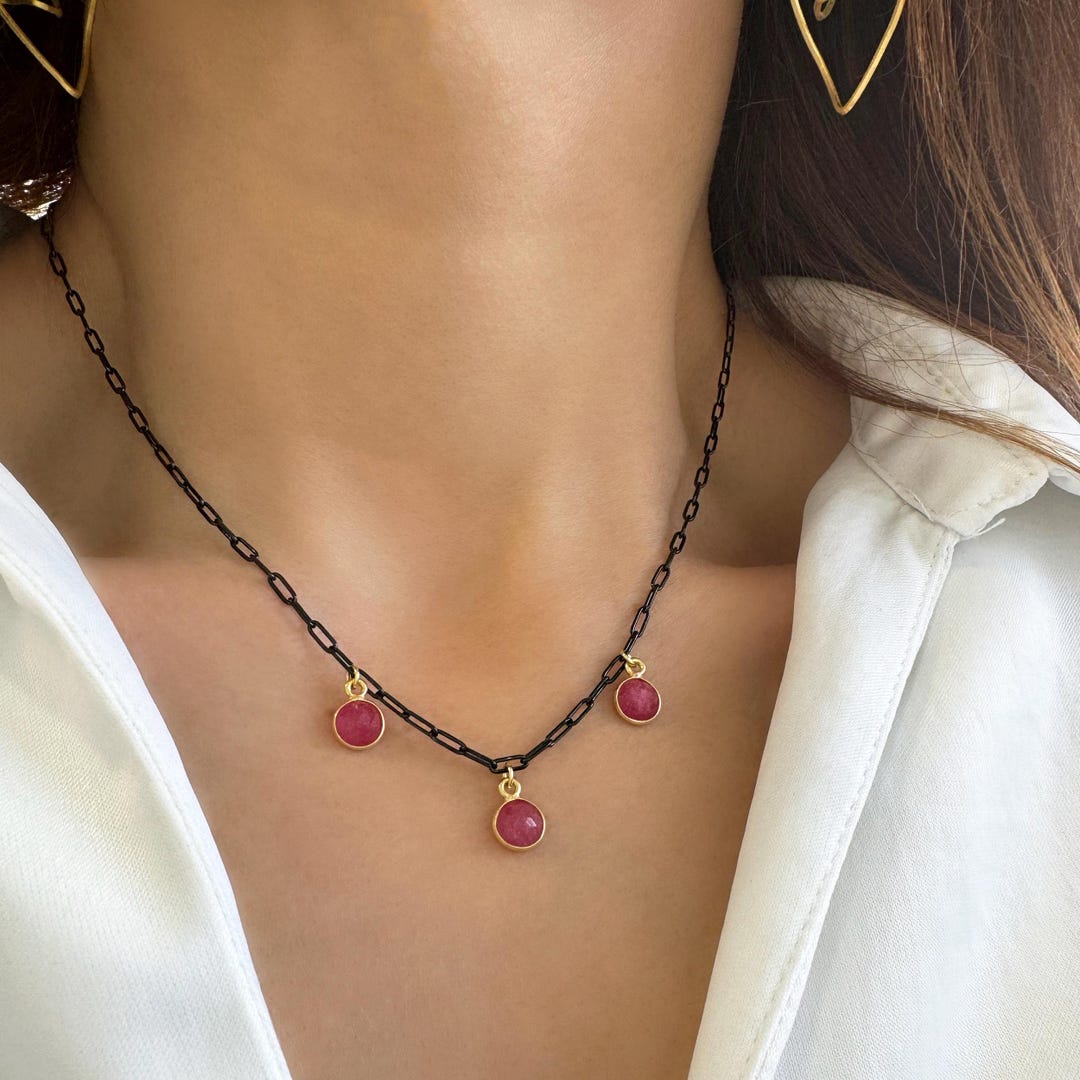 Charming Ruby Multi Charm Ruby Necklace, Black Chain Paperclip Choker Necklace ...