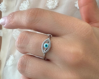 Silberner Evil Eye Ring, Glücksring, Chevalier Ring, griechischer Evil Eye Ring, klobiger Goldring, Lucky Eye Ring, verstellbarer Ring, minimalistischer Ring