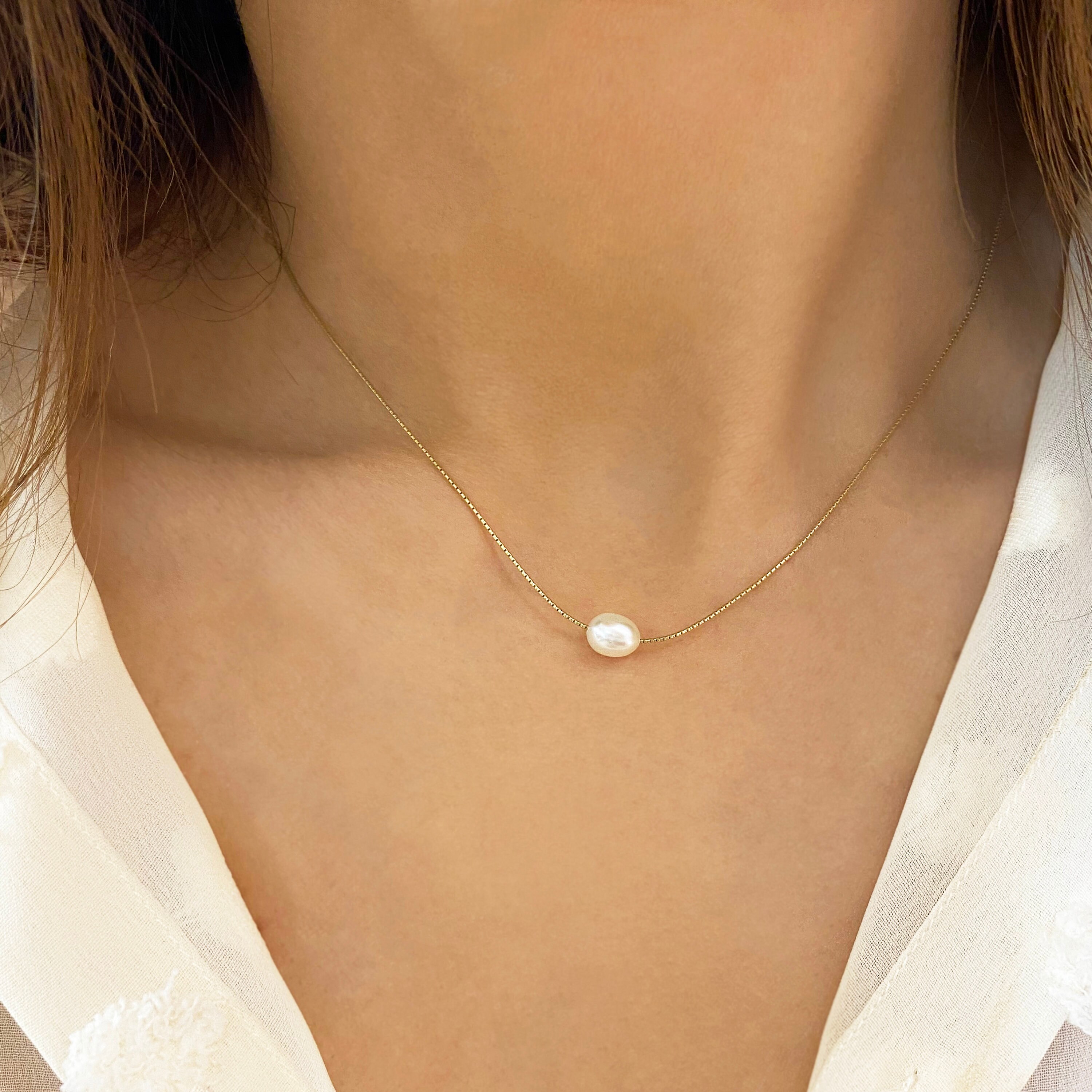 Dainty One Pearl Choker Necklace Silver Gold Chain Minimal Simple 1 Single  Slide