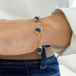 Lapis lazuli Bracelet, Minimalist Trendy Gemstone Jewelry, Paperclip Gold Chain Stacking bracelet