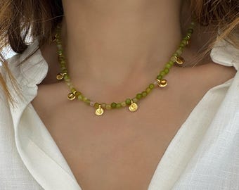 Green Agate necklace with small gold coins, Minimalist Gemstone Choker, Multi Charm Jewelry