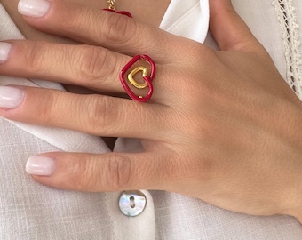 Red Heart Ring, Romantic Statement Jewelry, Silver 925. Handpainted enamel, Adjustable, Valentines day gifts