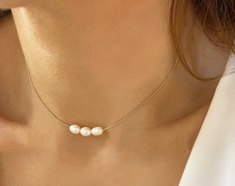 Real Pearl necklace, Small Pearl necklace, Dainty Pearl Choker, Minimalist Necklace, 3 Pearls necklace, Layered necklace, Stacking Necklace