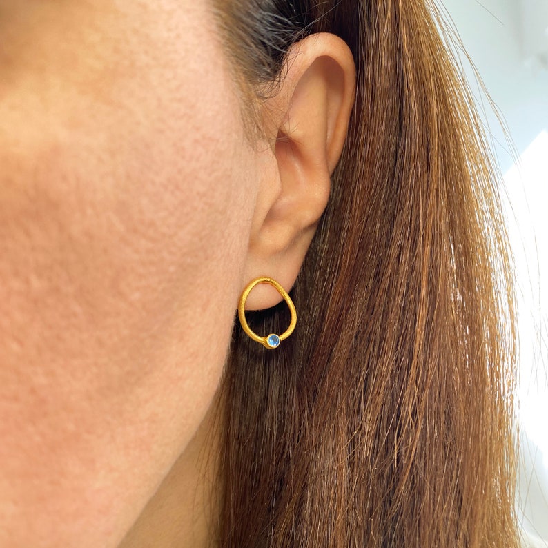 Sapphire gold studs, Simple hoop earrings, Chunky gold hoops, Minimalist earrings,Blue sapphire studs,September Birthstone Sapphire earrings image 9