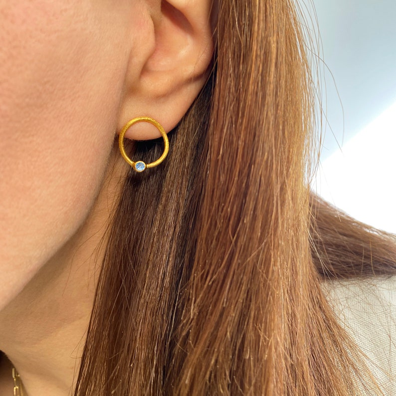 Sapphire gold studs, Simple hoop earrings, Chunky gold hoops, Minimalist earrings,Blue sapphire studs,September Birthstone Sapphire earrings image 3