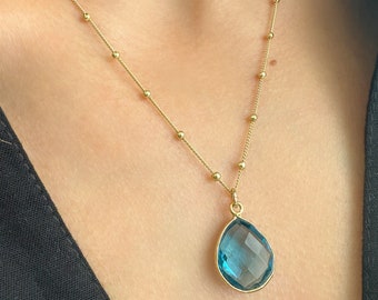 Blue Topaz Pendant, December Birthstone zodiac Necklace, Gemstone Minimalist Crystal Jewelry, Satellite Silver 925 chain