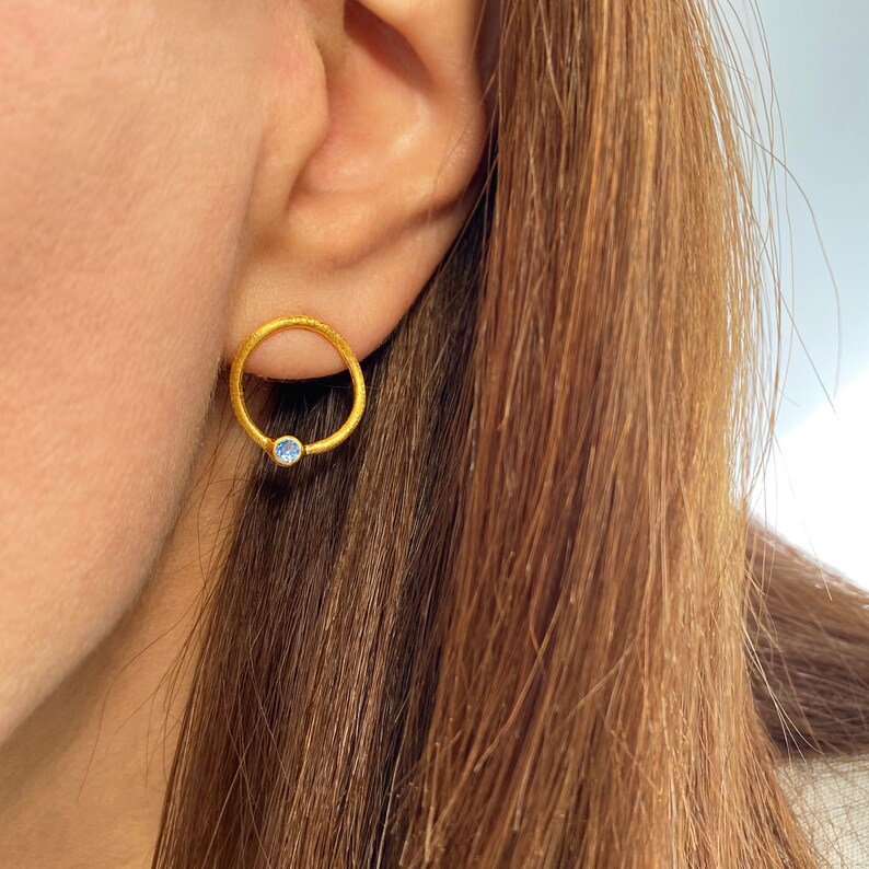 Sapphire gold studs, Simple hoop earrings, Chunky gold hoops, Minimalist earrings,Blue sapphire studs,September Birthstone Sapphire earrings image 5