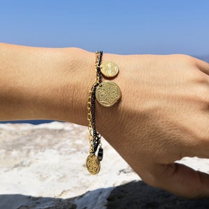 Ancient Greek Goddess Aphrodite dainty gold bracelet with Gold Coins, Greek Mythology Jewelry Gift for Her, Layered Statement Bracelet