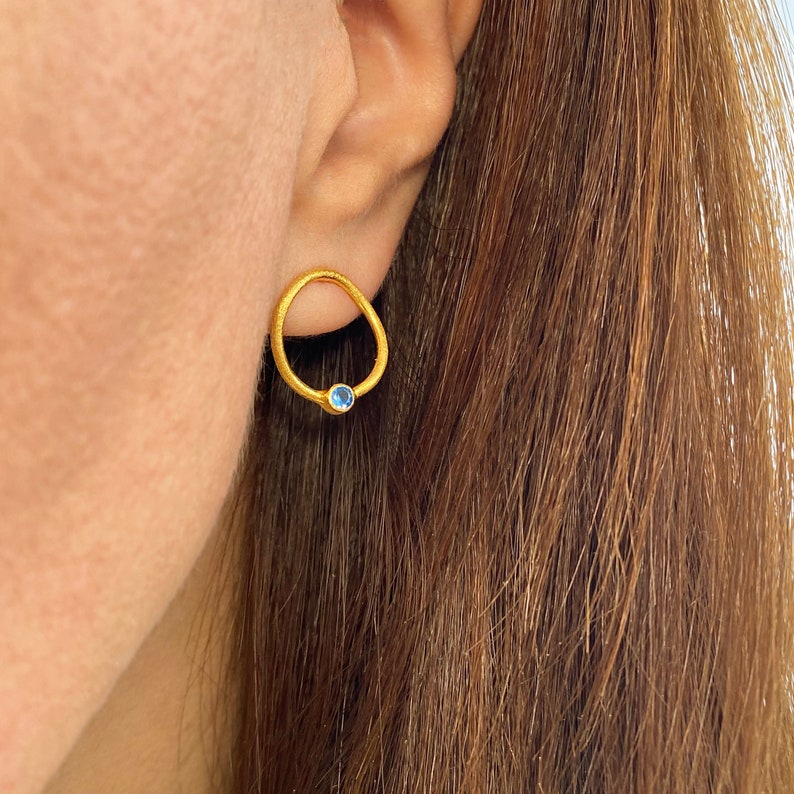 Sapphire gold studs, Simple hoop earrings, Chunky gold hoops, Minimalist earrings,Blue sapphire studs,September Birthstone Sapphire earrings image 1