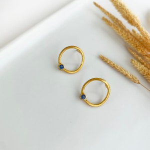 Sapphire gold studs, Simple hoop earrings, Chunky gold hoops, Minimalist earrings,Blue sapphire studs,September Birthstone Sapphire earrings image 6