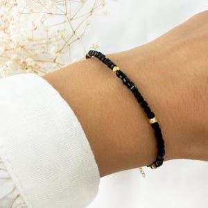Black Tourmaline Crystal Bracelet, Minimalist Gemstone protection Jewelry, Friendship bracelet, Dainty Gold Seed Bead Bracelet