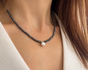Hematite Seed Bead Choker: Sterling Silver 925 Drop Necklace, Good Energy Gemstone Jewelry