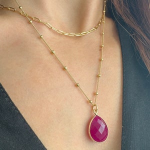 Layered necklace set with Ruby pendant and Paperclip Choker, Zodiac Jewelry gifts with July birthstone