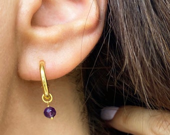 Simple hoop earrings, Amethyst Stone Hoops, Chunky Gold Hoops, Raw amethyst hoops, February gemstone amethyst earrings, Minimalist Earrings