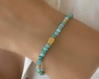 Amazonite Crystal Bracelet with Tiny fishes, Green Gemstone Summer jewelry, Silver 925